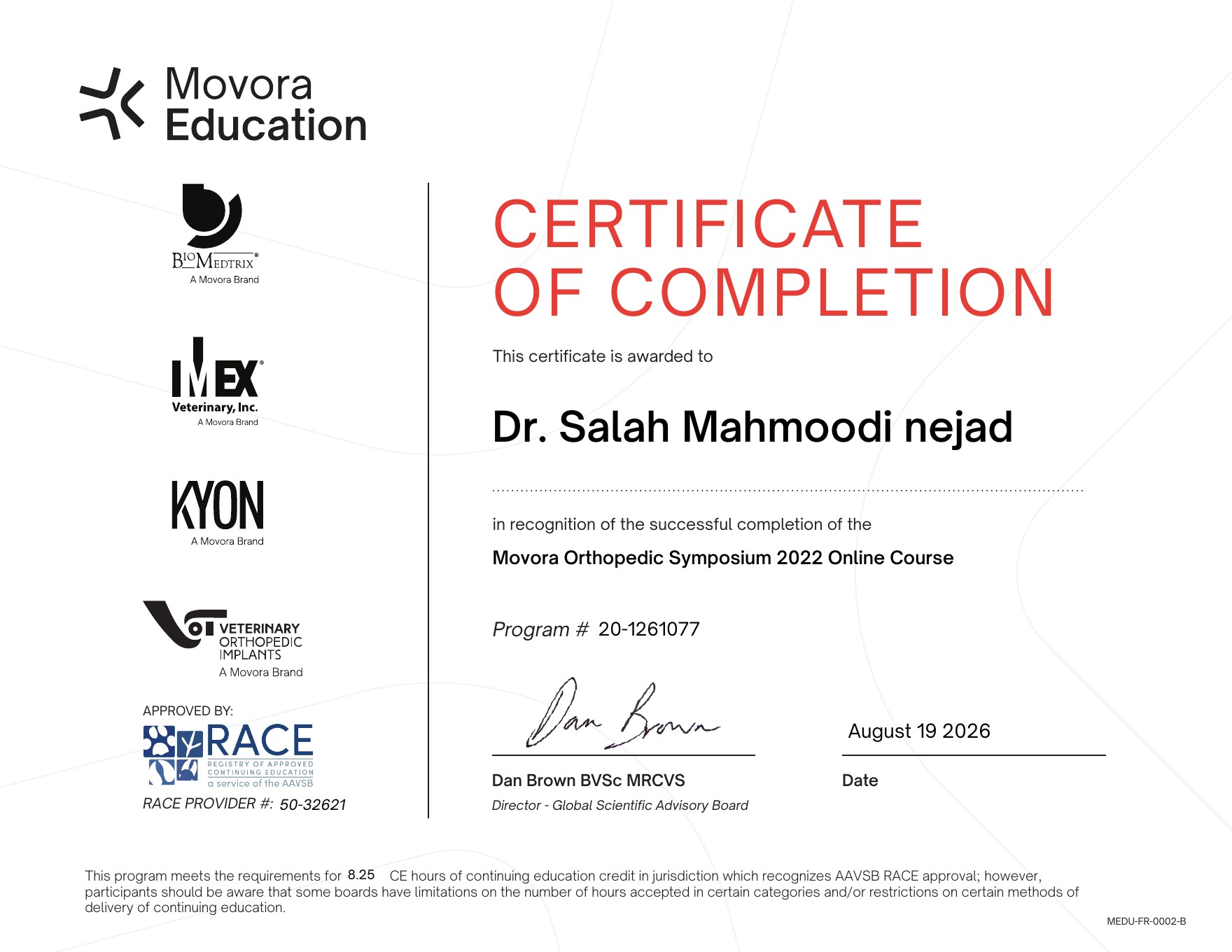 گواهی دوره Movora Orthopedic Symposium دکتر صلاح محمودی‌نژاد