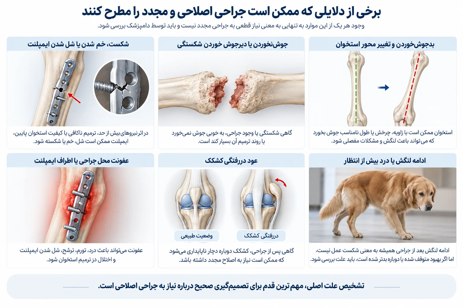 دلایل احتمالی جراحی اصلاحی در سگ و گربه شامل شکست ایمپلنت، جوش نخوردن، عفونت و عود ناپایداری